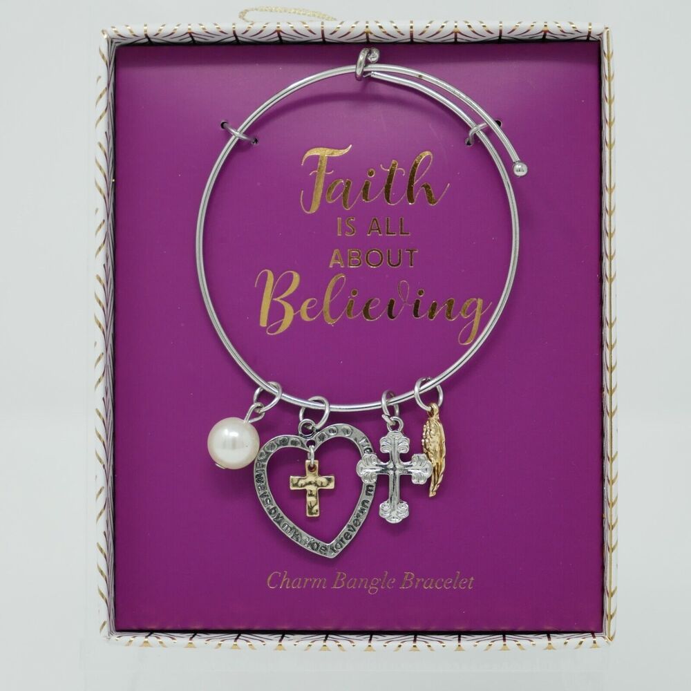 Charm Bangle Bracelet Silver-tone Heart Cross "Faith is All About Believing"